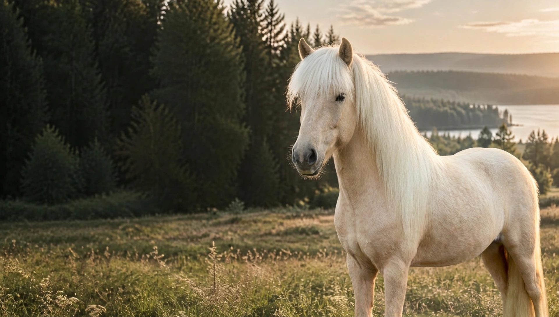 En ljus palomino islandshäst med vit man i en grön hage i kvällsljus